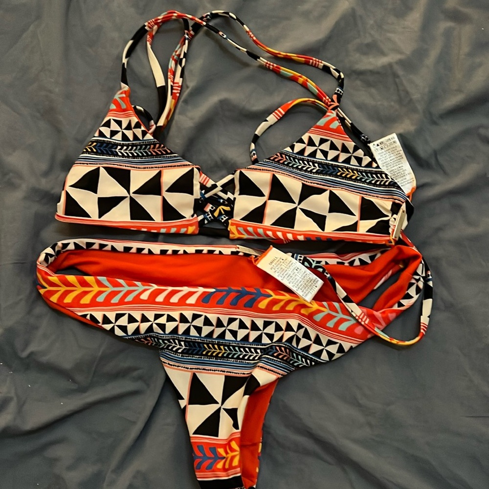 Mara Hoffman Pinwheel Poppy Orange Lattice Top XS top and small bottom